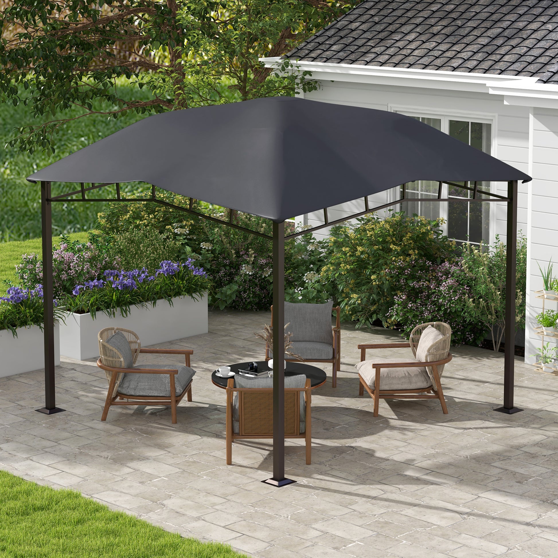Outdoor Umbrellas Outsunny 10' x 10' Soft Top Patio Gazebo Outdoor Canopy with Unique Geometric Design Roof, All-weather Steel Frame, Gray,Patio Shades