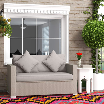 Outsunny Outdoor Wicker Loveseat, Patio Furniture Couch with Cushions, 2 Seats PE Rattan Sofa, 2 Throw Pillows for Porch, Backyard, Pool, Beige