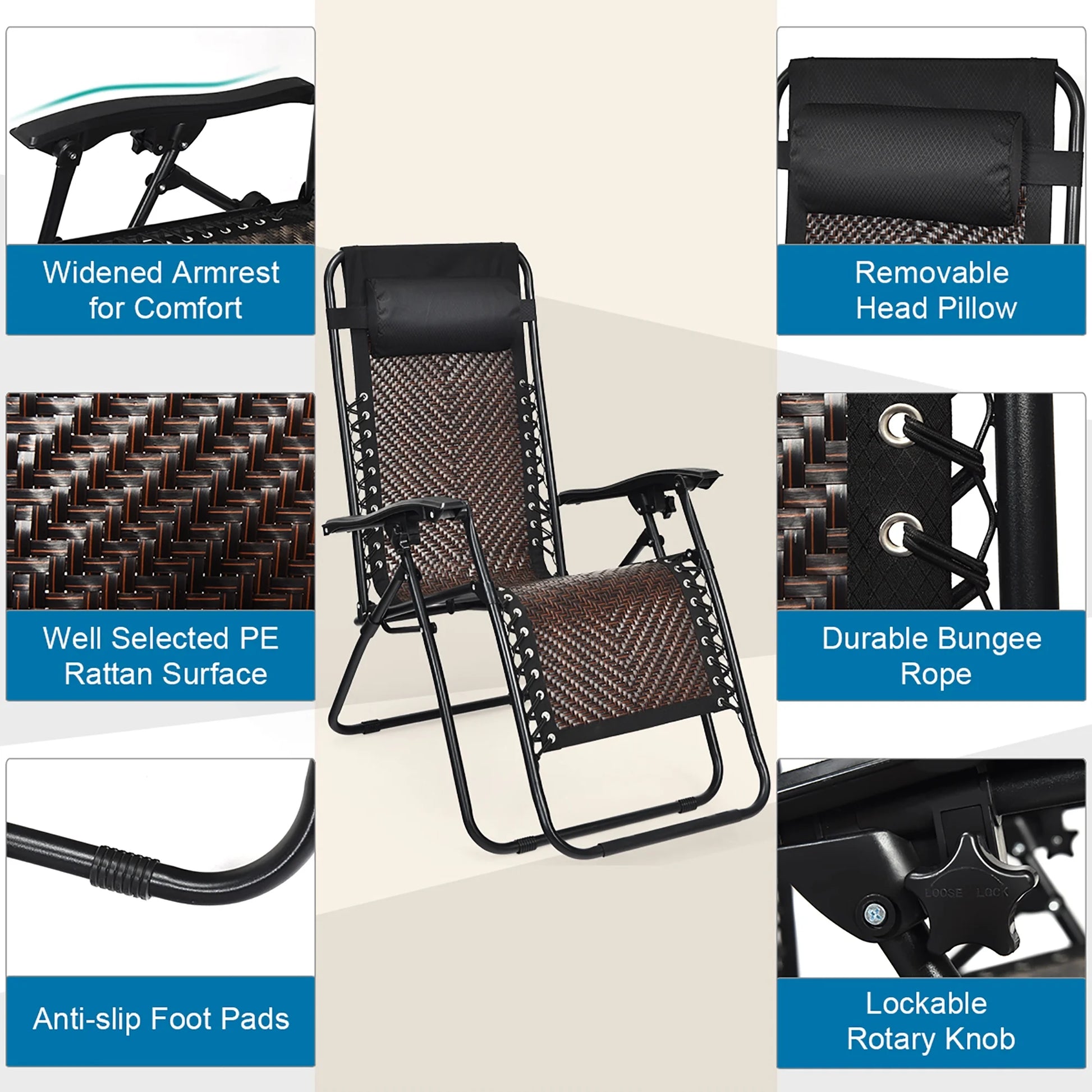 Costway 2PCS Patio Rattan Zero Gravity Lounge Chair Folding Recliner Headrest Brown