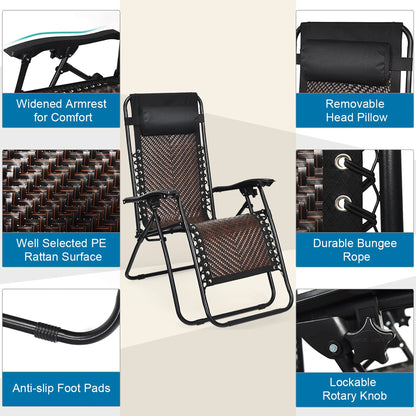 Costway 2PCS Patio Rattan Zero Gravity Lounge Chair Folding Recliner Headrest Brown