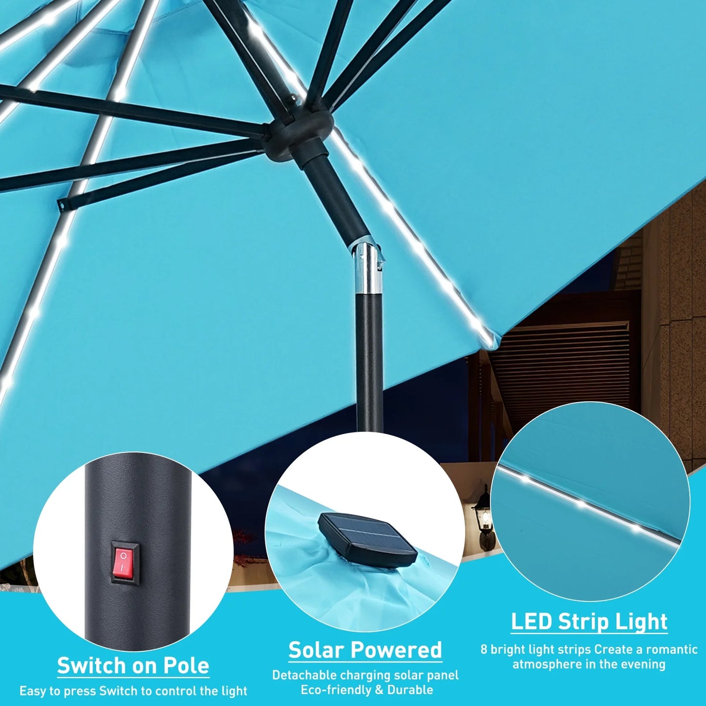 Autlaycil 10 FT Solar LED Lighted Patio Umbrella with LED Table Umbrella with 8 LED Strip Lights, Fade-resistant & Waterproof for Garden, Backyard, Poolside, Push Button Tilt (Blue)