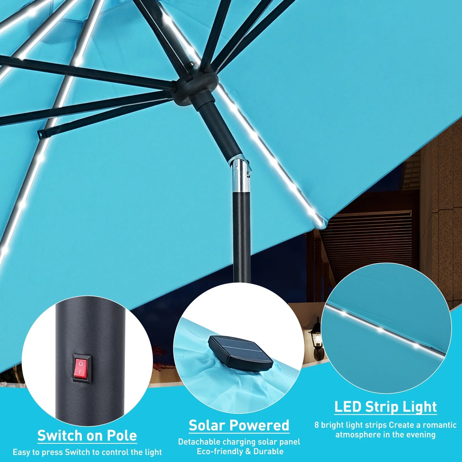 Autlaycil 10 FT Solar LED Lighted Patio Umbrella with LED Table Umbrella with 8 LED Strip Lights, Fade-resistant & Waterproof for Garden, Backyard, Poolside, Push Button Tilt (Blue)