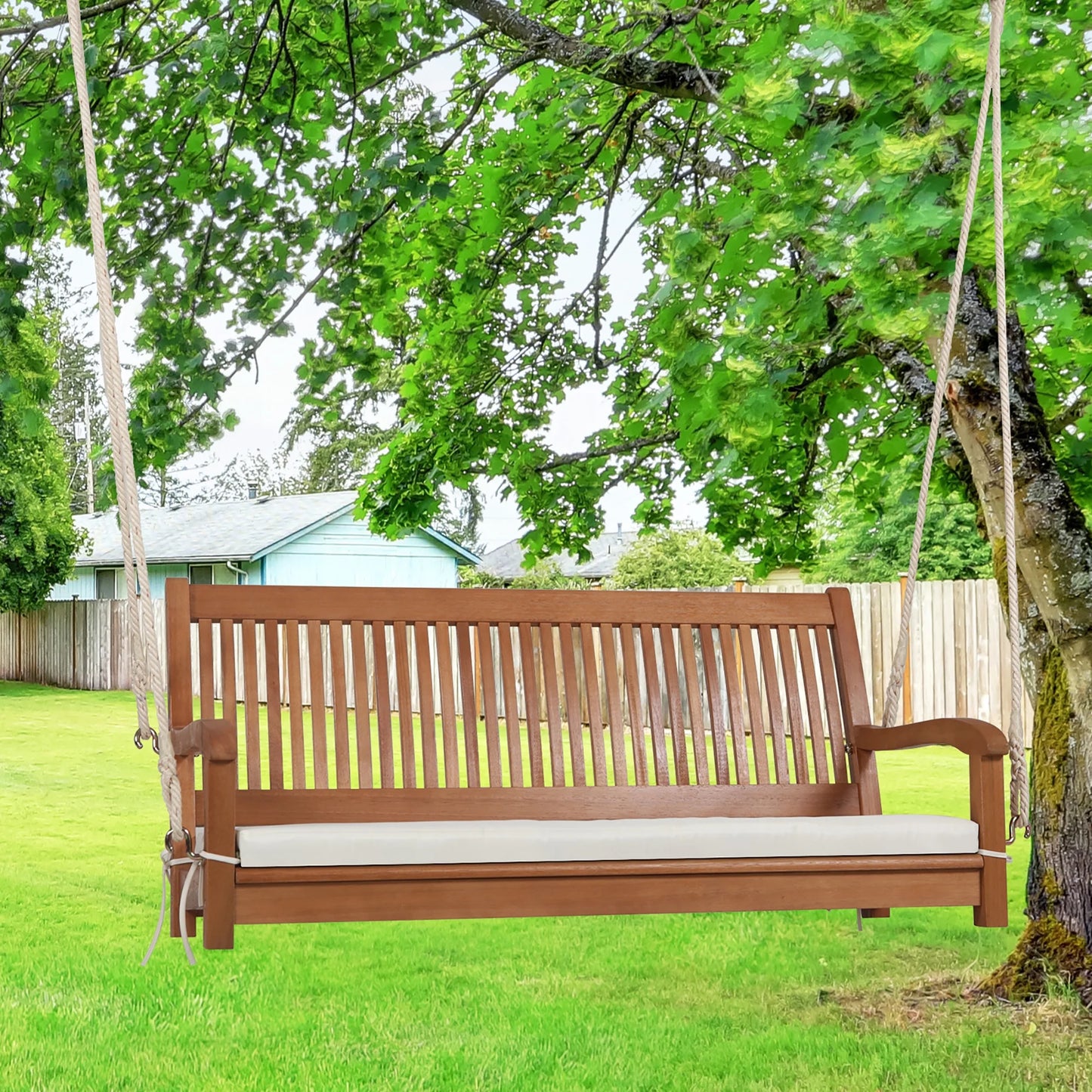 Gymax 2-Seat Patio Hanging Wooden Porch Swing Bench w/Cushion & Hanging Ropes