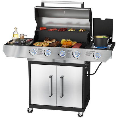 SKOK 4 Burner Propane Gas BBQ Grill with Side Burner, 58000 BTU Output for Outdoor Cooking Kitchen and Patio Backyard Barbecue