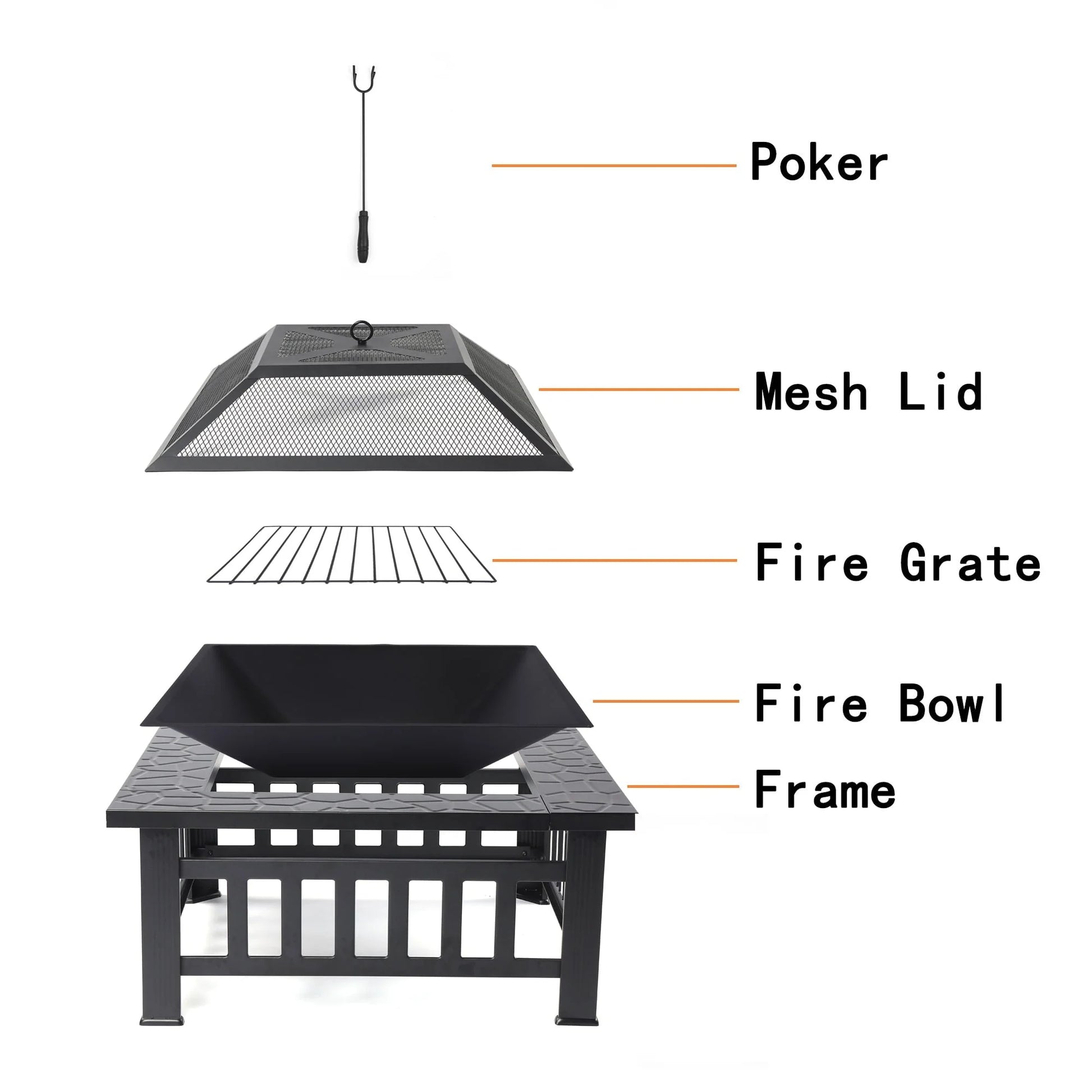 32" Square Fire Pit for Outside, Outdoor Wood Burning Metal Fire Pit with Spark Screen & Poker, Multifunctional Heater/Grill/Ice Pit for Backyard Patio Garden BBQ Grill, Black, S7039