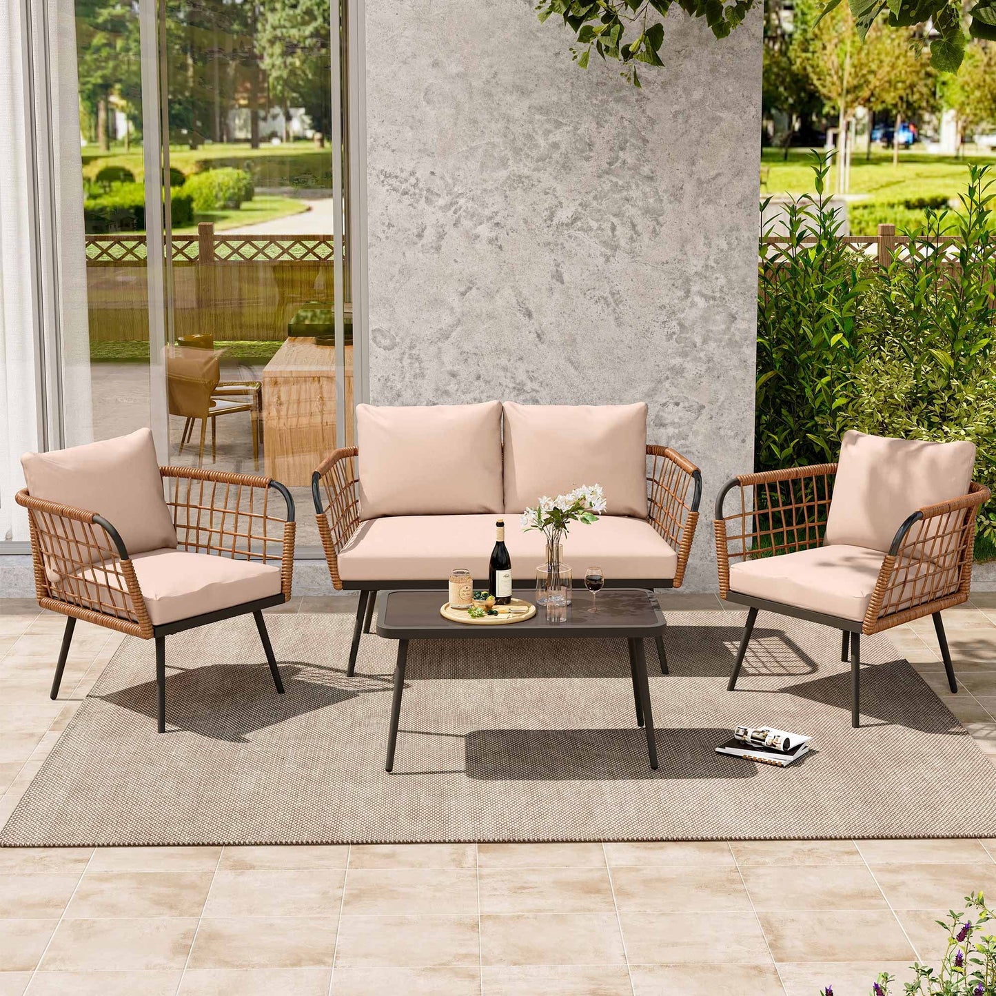 LAUSAINT HOME 4 Pieces Outdoor Conversation Sets, Patio Metal Frame Sofa with Wood Loveseat and Coffee Table, Beige Cushions