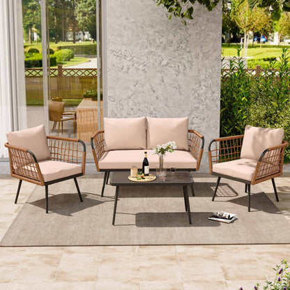 LAUSAINT HOME 4 Pieces Outdoor Conversation Sets, Patio Metal Frame Sofa with Wood Loveseat and Coffee Table, Beige Cushions