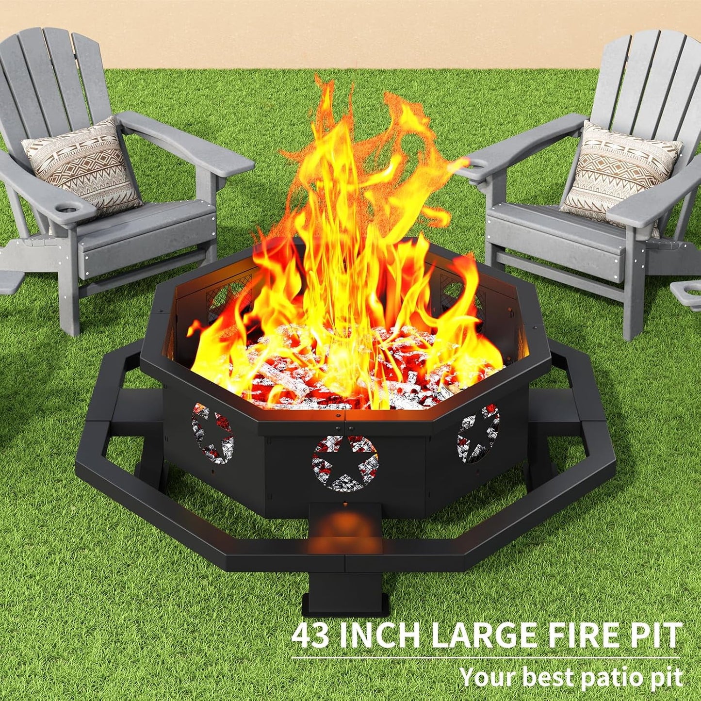 45 inch Extra Large Fire Pit, Outdoor Wood Burning Fire Pit for Outside Octagonal Heavy Duty Firepit for Camping, Backyard, Patio, Black