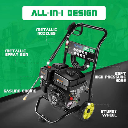 TEANDE Gas Pressure Washer Powered, 2.6 GPM 209cc 7.0 HP Power Washer with 3 Quick-Connect Nozzles, 25 ft Hose for Cars, Driveway, Patio, Siding, Fence Cleaning