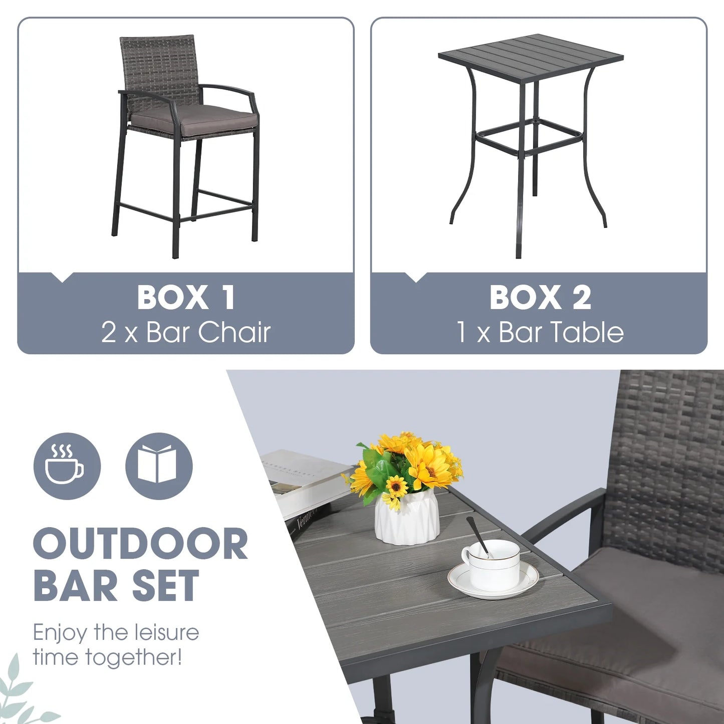 OC Orange-Casual Patio Bar Set, All-Weather Wicker, 2 Height Rattan Bar Stools with Wood Grain Top Coffee Table, for Porch, Garden, Bistro, Grey Cushion, 3-Piece