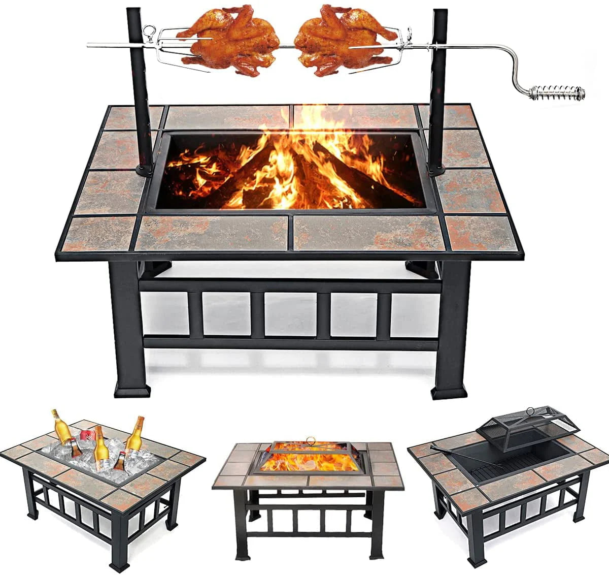 Fire Pits For Outside 37 inch Wood Burning Fire Pit Table With BBQ Grill Cooking Grate Lid Outdoor Fireplace Metal Square Tile Top Firepit Patio Backyard Garden,Black