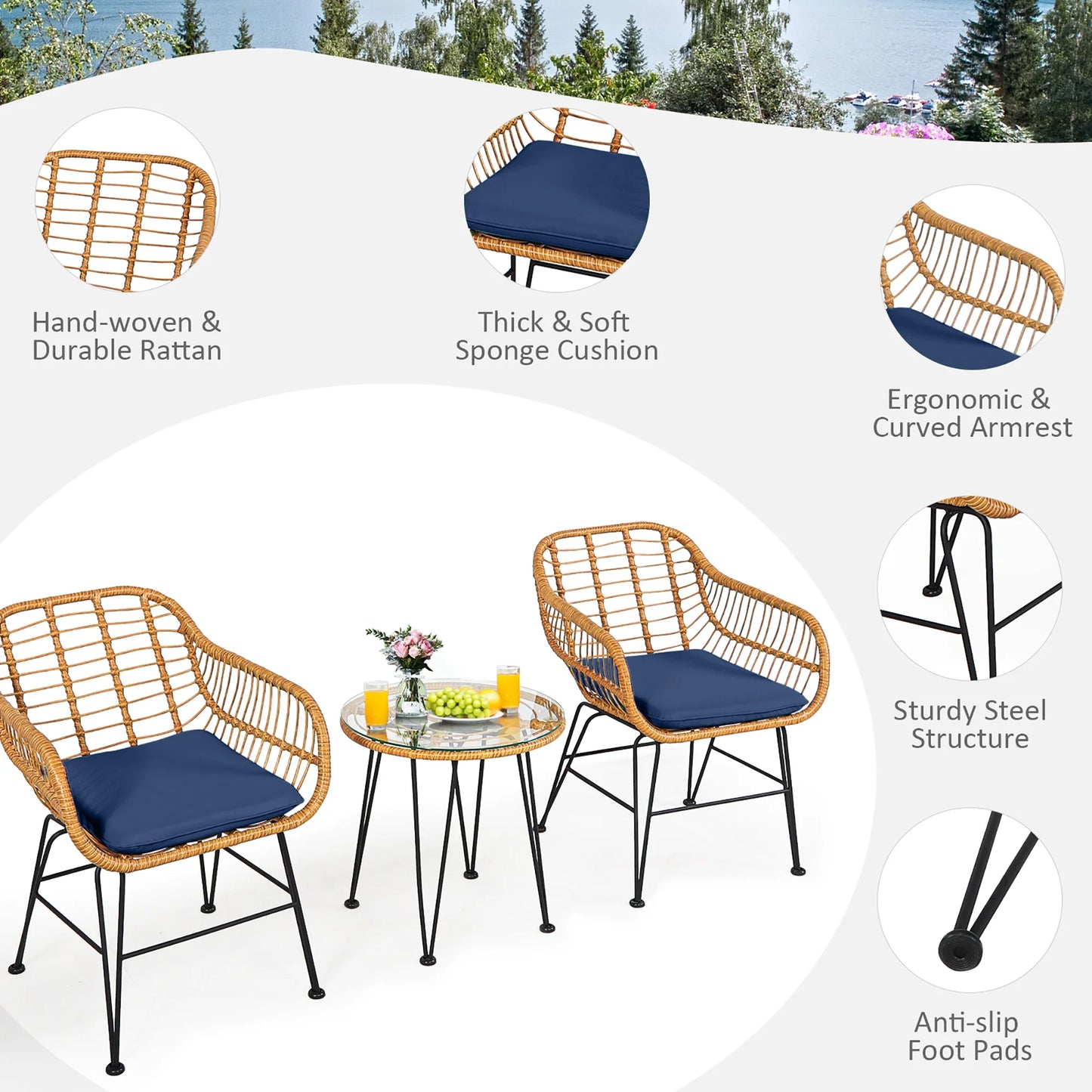 Costway 3PCS Patio Rattan Bistro Furniture Set Cushioned Chair Table Navy