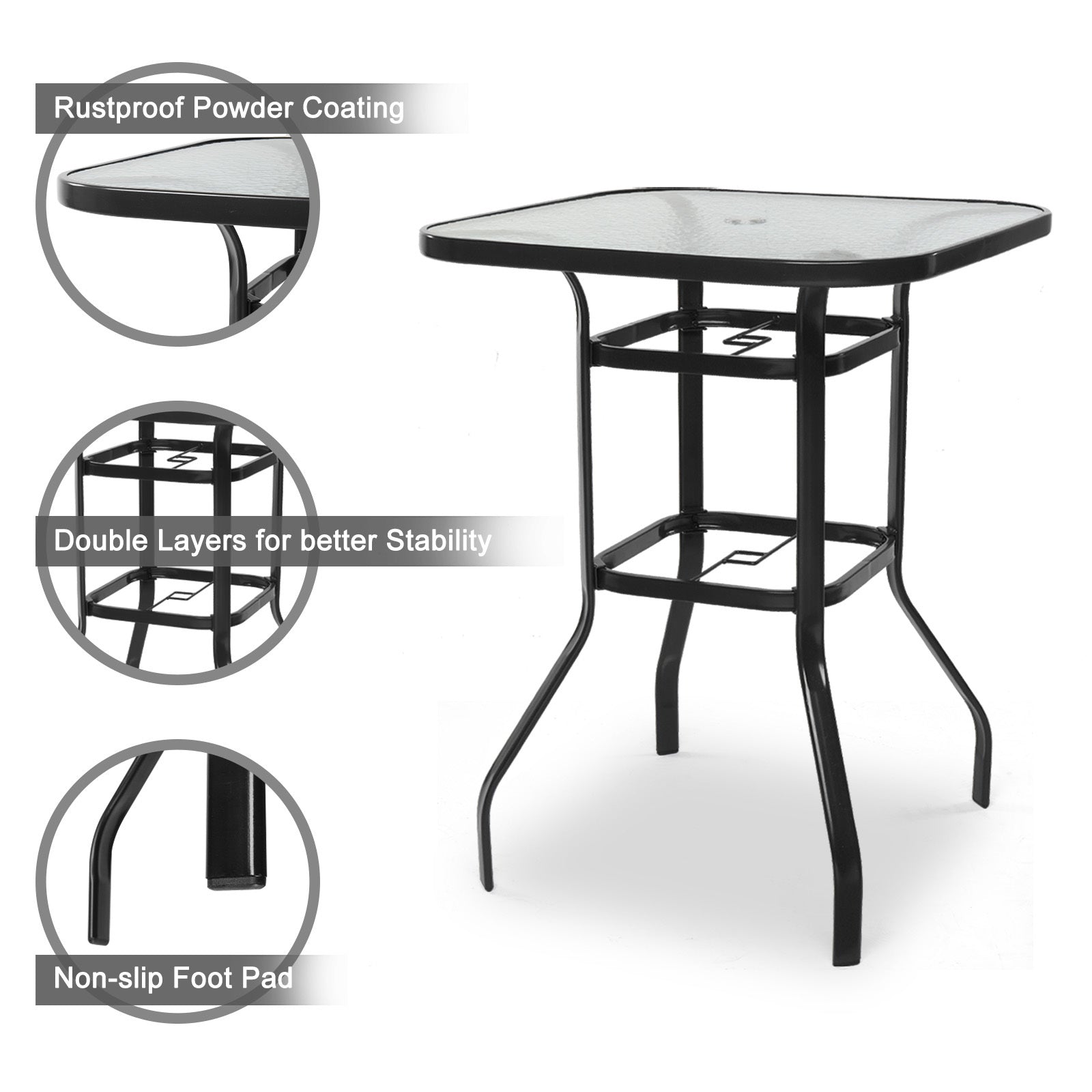 IVV Outdoor Patio Bar Height Bistro Table w/Tempered Glass Top & 1.8" Umbrella Hole & Metal Frame, 31.5"L x 31.5"W x 39.8"H, Black & Clear