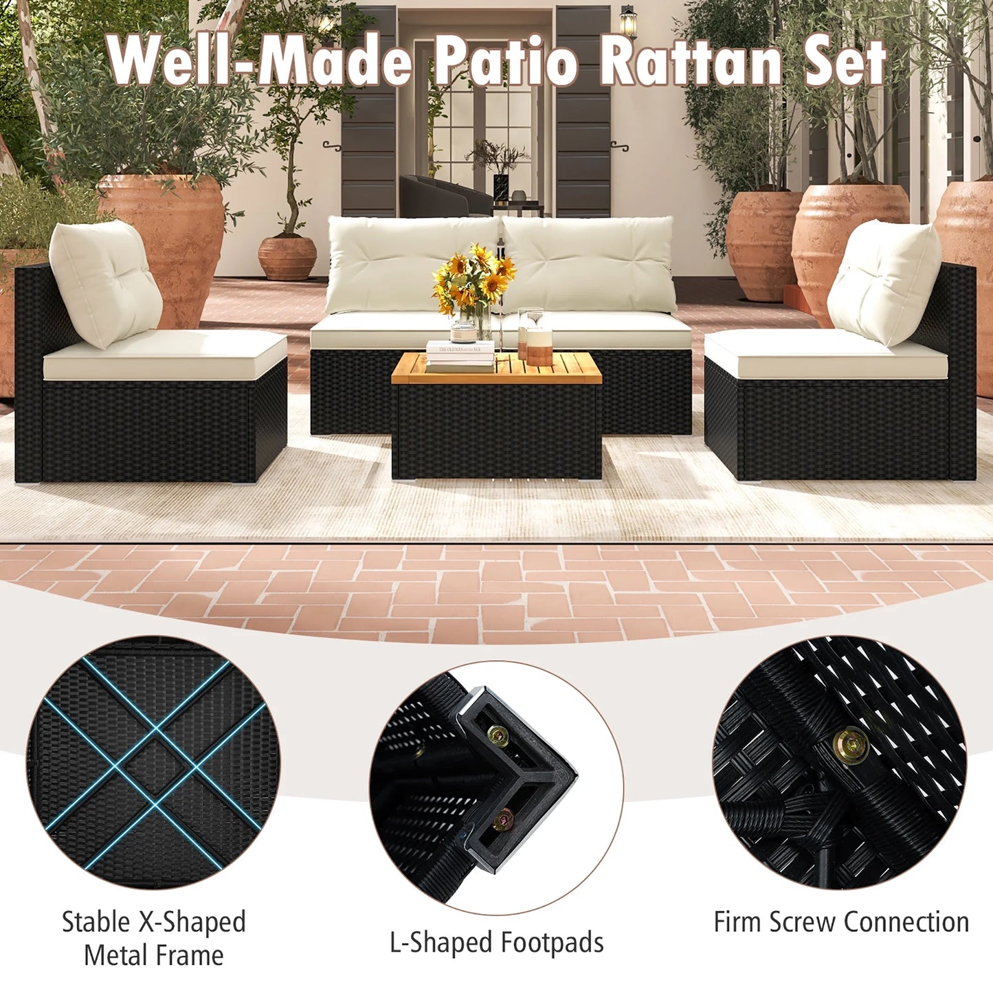 Gymax 5PCS Rattan Patio Conversation Sofa Set Outdoor Furniture Set w/Off White Cushions