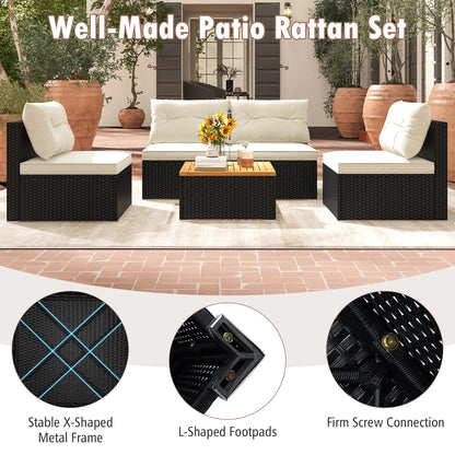 Gymax 5PCS Rattan Patio Conversation Sofa Set Outdoor Furniture Set w/Off White Cushions
