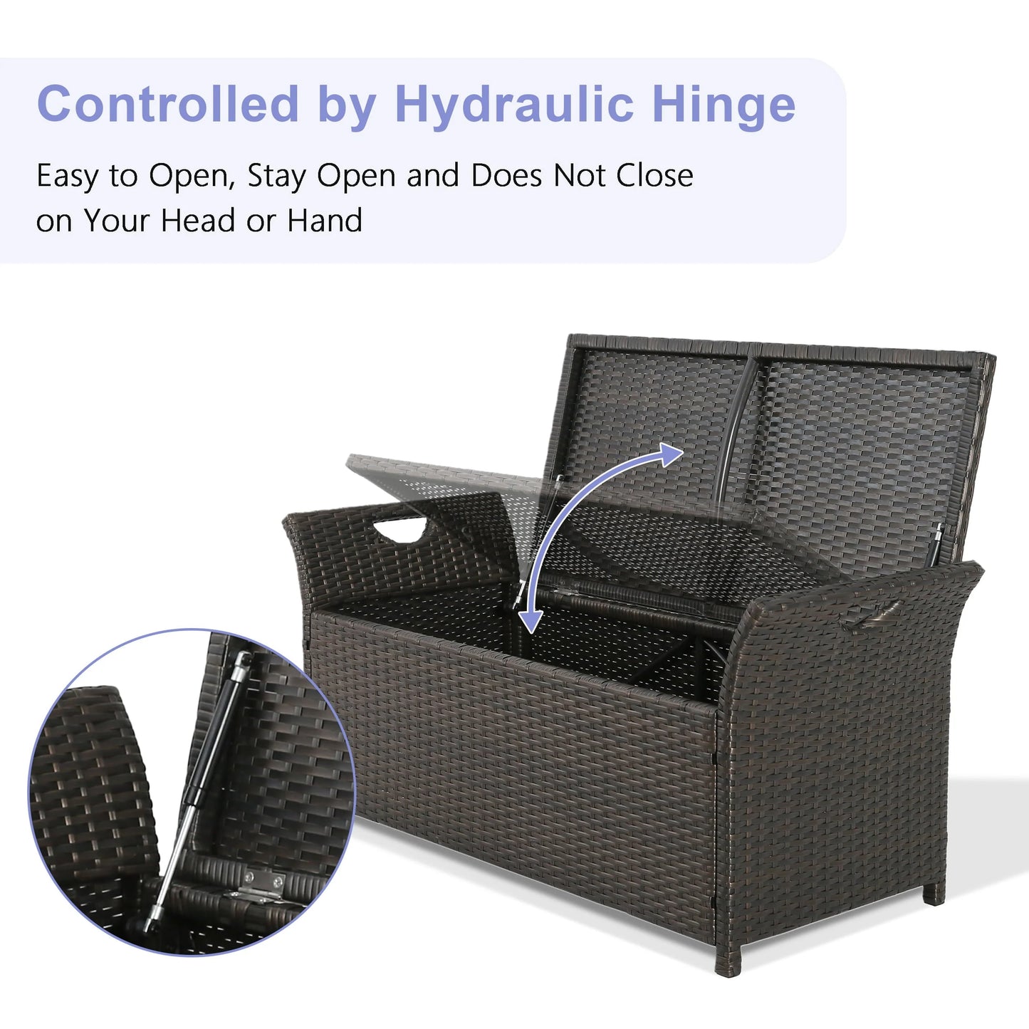 Ulax Furniture 27.6 Gallon Patio Wicker Storage Box, Outdoor Rattan Storage Bench Deck Bin with Cushion and Hydraulic Hinge Lid (Navy)