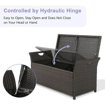 Ulax Furniture 27.6 Gallon Patio Wicker Storage Box, Outdoor Rattan Storage Bench Deck Bin with Cushion and Hydraulic Hinge Lid (Navy)