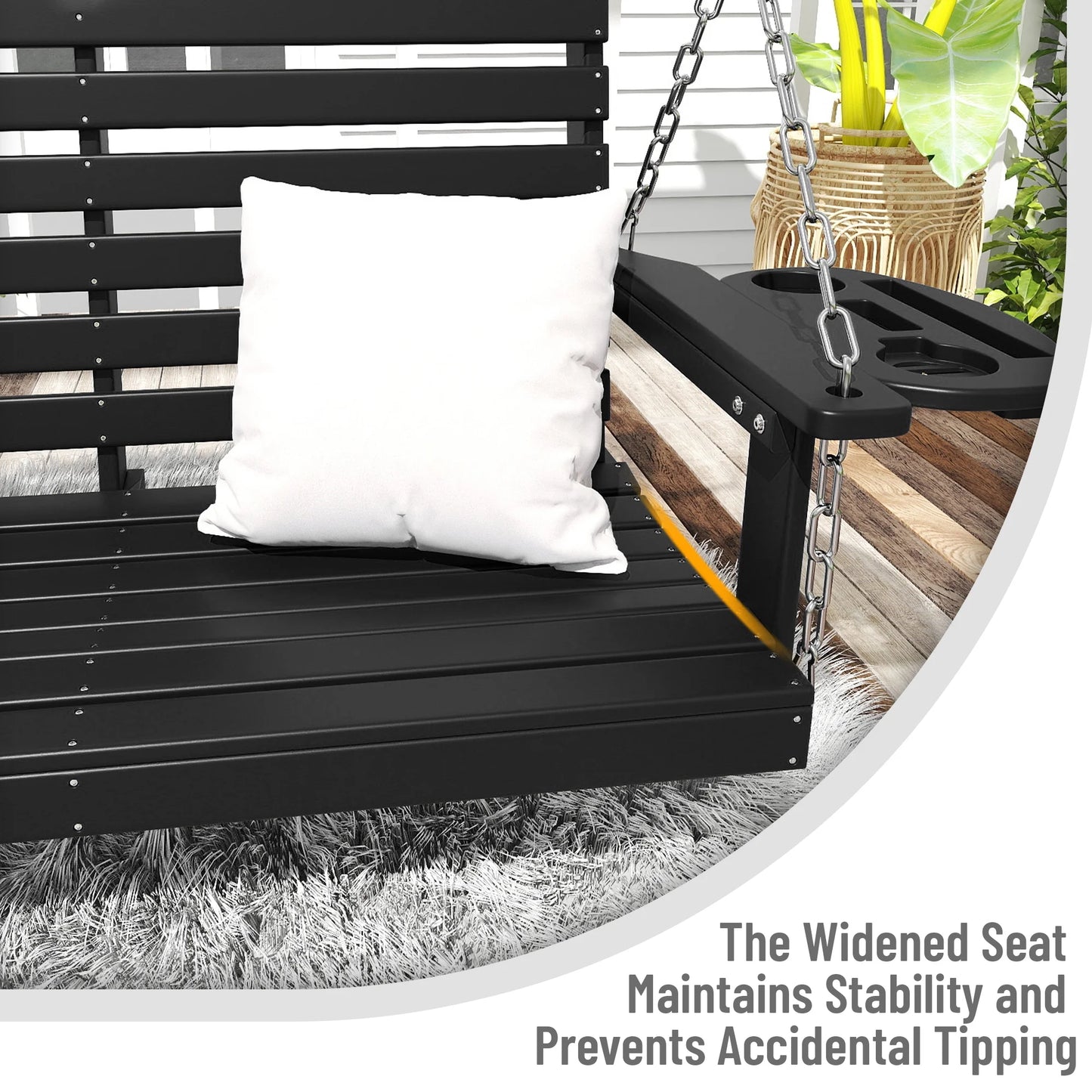 FOOWIN Outdoor Porch Swing, HDPE Patio Hanging Porch Swing with Cup Holder, Black