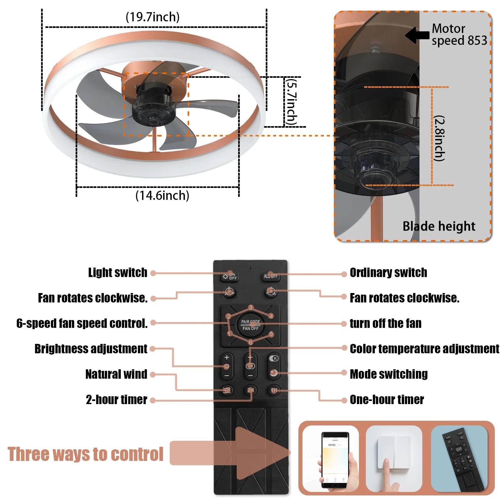 Ceiling Fan With Remote Control Memory Functions 21dB Low Noise 6 Adjustable Speeds Dimmable Led Ceiling Fan For Hallways Balconies Patios