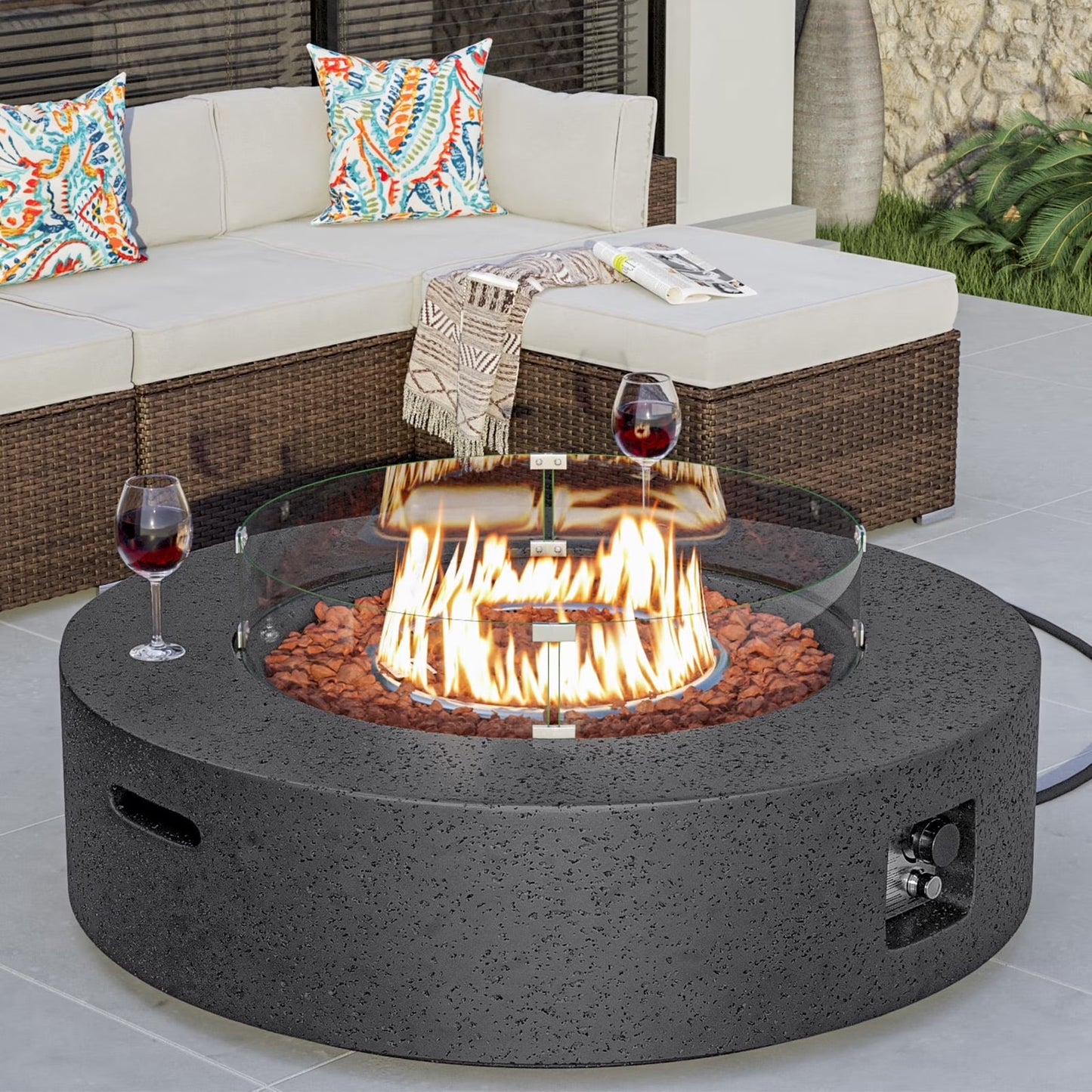 VENTOPYR 40.5-inch Outdoor Propane Fire Pit Coffee Table w Concrete Round Base Patio Heater, 50,000 BTU Stainless Steel Burner, Free Lava Rocks, Wind Guard, Rain Cover