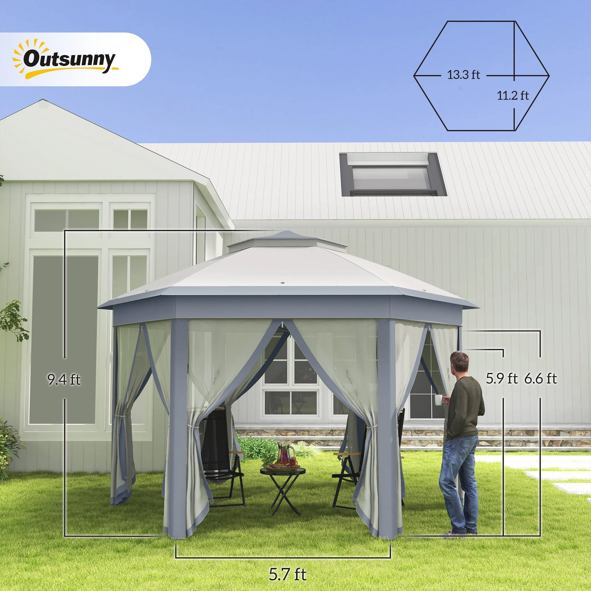 Outsunny 13' x 13' Pop Up Gazebo Hexagonal Canopy with 6 Zippered Mesh Netting, 2-Tier Roof Event Tent with Steel Frame for Patio Backyard, Gray