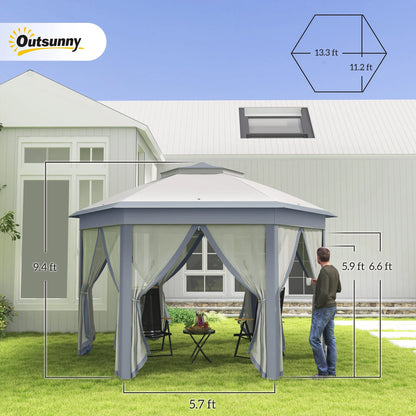 Outsunny 13' x 13' Pop Up Gazebo Hexagonal Canopy with 6 Zippered Mesh Netting, 2-Tier Roof Event Tent with Steel Frame for Patio Backyard, Gray