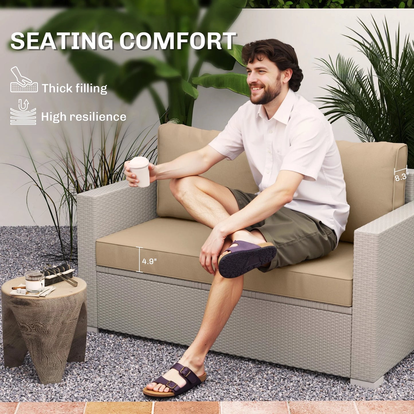 Outsunny 2 Seater Patio Furniture Cushions, 5 in Outdoor Loveseat Cushions with Removable Cover, Replacement Cushions for Outdoor Furniture, Beige