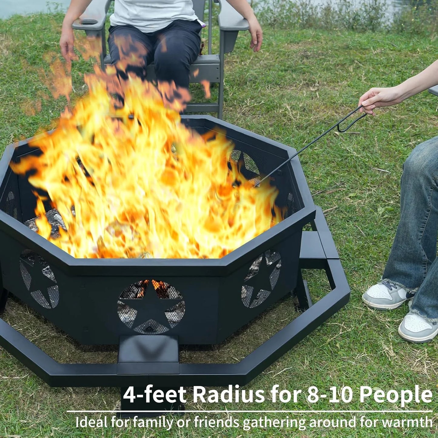 45 inch Extra Large Fire Pit, Outdoor Wood Burning Fire Pit for Outside Octagonal Heavy Duty Firepit for Camping, Backyard, Patio, Black