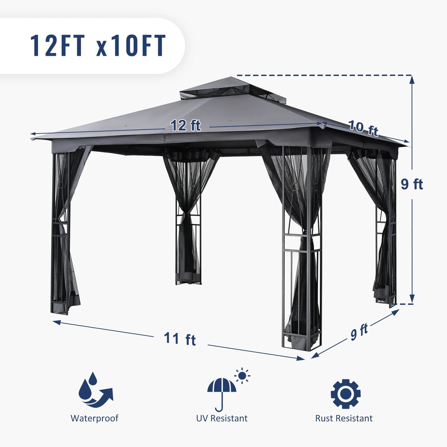 EGEIROS LIFE 12' x 10' Double Roof Patio Gazebo, Waterproof Zippered
