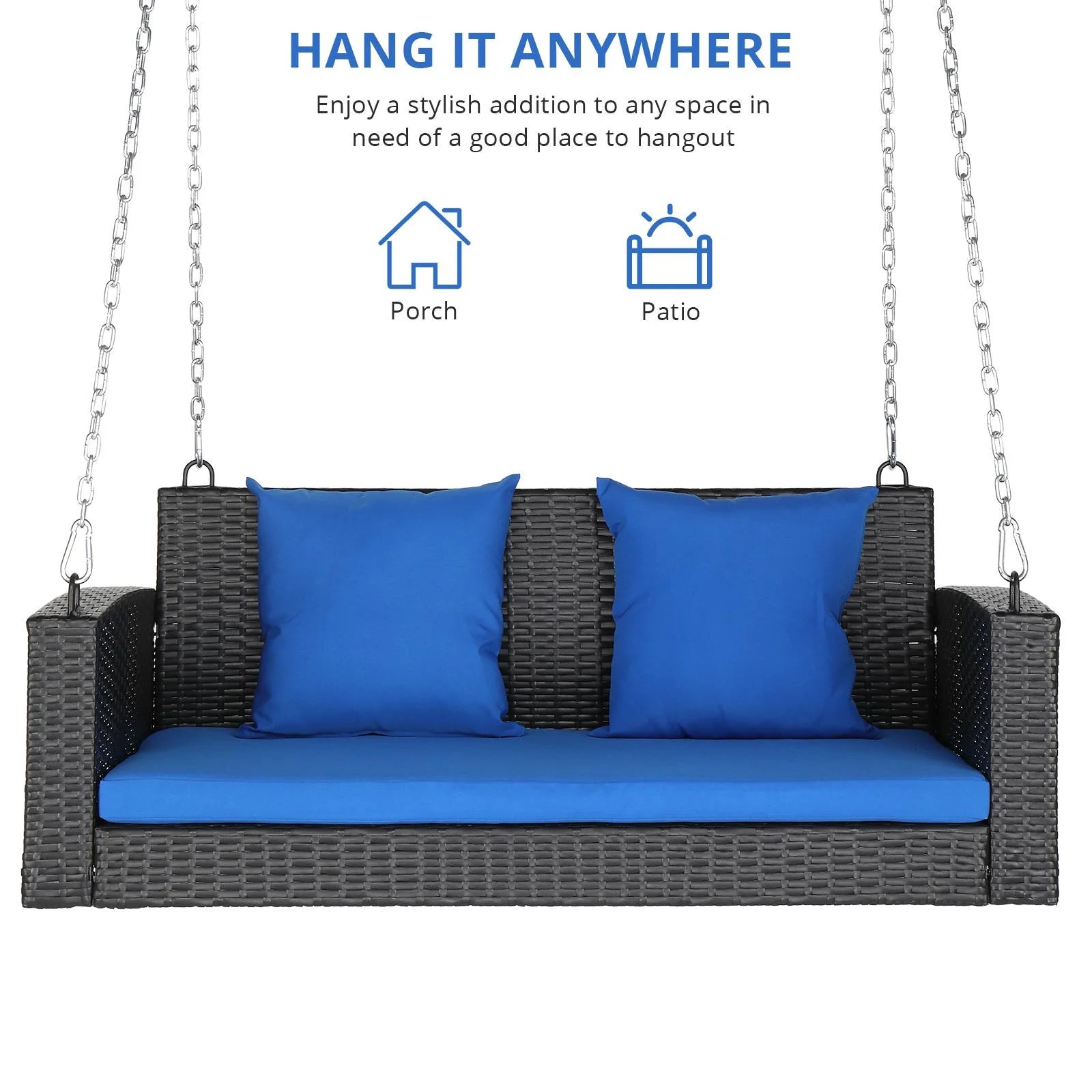 Zimtown Patio Rattn Wicker Swing, Outdoor Bench w/Blue Cushion, Outdoor Seat Garden Swing for 2 Person