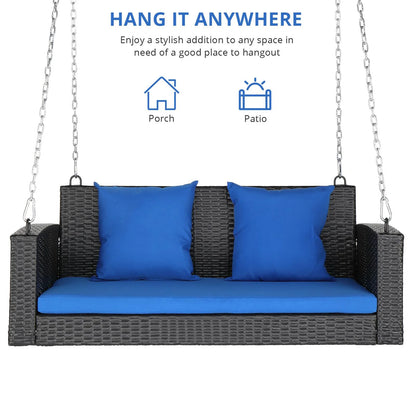 Zimtown Patio Rattn Wicker Swing, Outdoor Bench w/Blue Cushion, Outdoor Seat Garden Swing for 2 Person