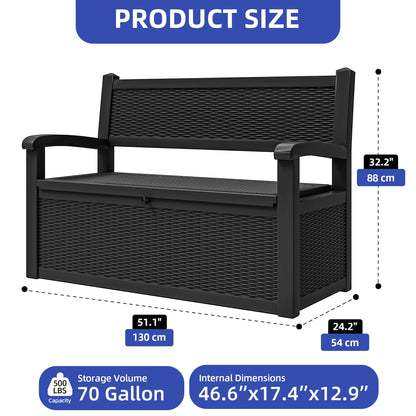 ModFusion 70-Gallon Outdoor Resin Storage Cabinet with Rattan Backrest - Waterproof Patio Bench Seat, 500 lbs Capacity, Black
