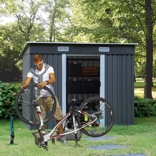 8 x 4 FT Outdoor Storage Shed, Metal Outside Sheds & Outdoor Storage with Sliding Doors and Vents, Steel Garden Shed Outdoor Utility Tool Shed with Pent Roof for Backyard Patio Garden Lawn, Grey