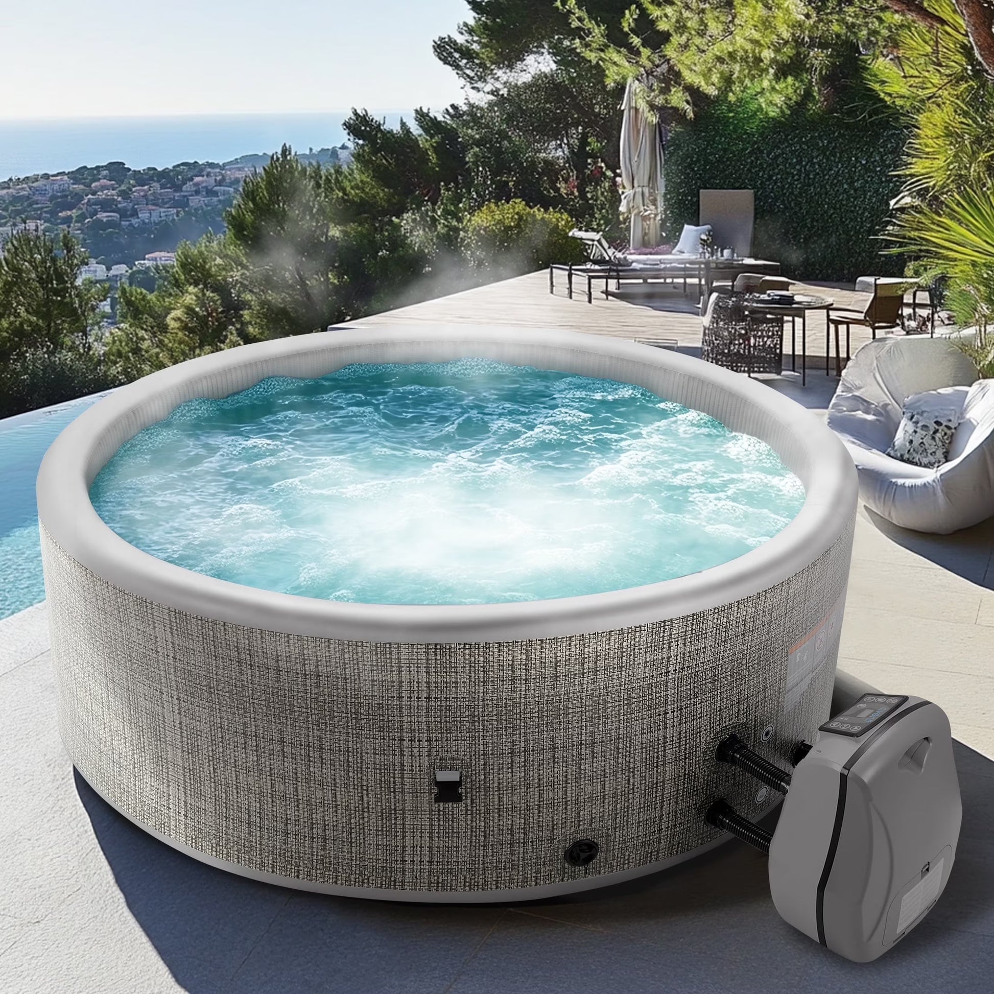 Round Hot Tub Surround Furniture, Spa Surround Outdoor Rattan Sectional Sofa Set with Mini Sofa, Solid Acacia Wood Hot Tub Storage Surround Patio Furniture Set, Gray Cushion