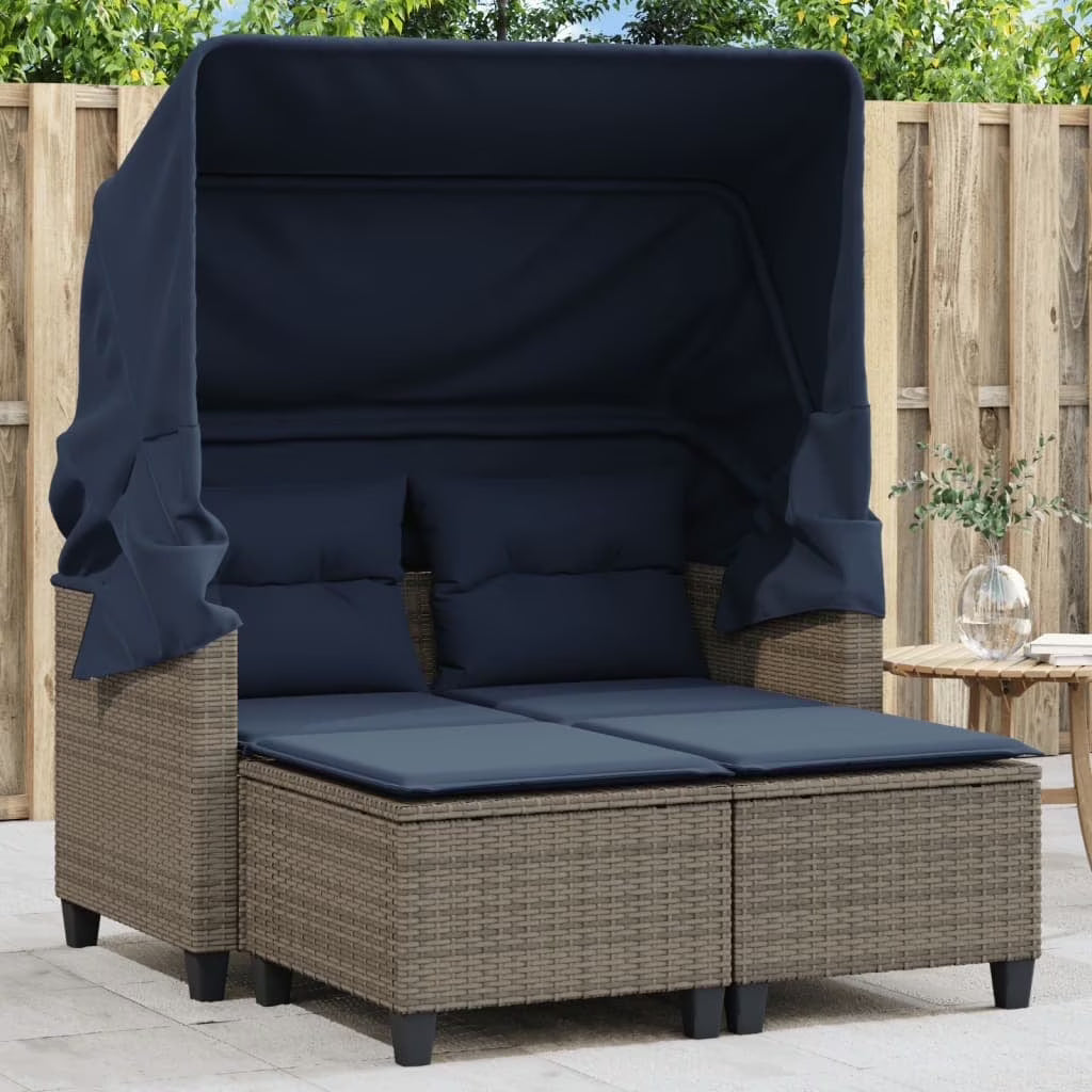 vidaXL Patio Sofa 2-Seater with Canopy and Stools Black Poly Rattan