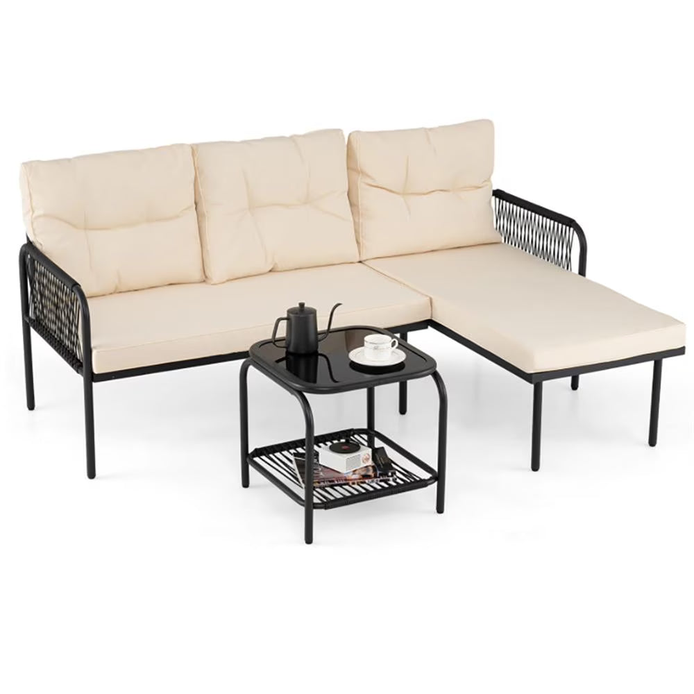 Barara King Patio Relaxation Sets,3-Piece L Shaped Patio Furniture Set PE Rattan Sectional Sofas-Beige