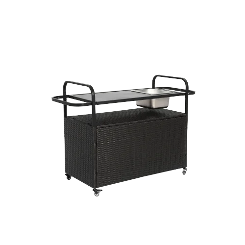 Yiweny Outdoor Rolling Wicker Bar Cart, Large Portable Outdoor Wicker Bar Table with Cabinet Storage and Glass Countertop, Patio Wicker Serving Bar Cart for Pool, Party, Backyard, Black