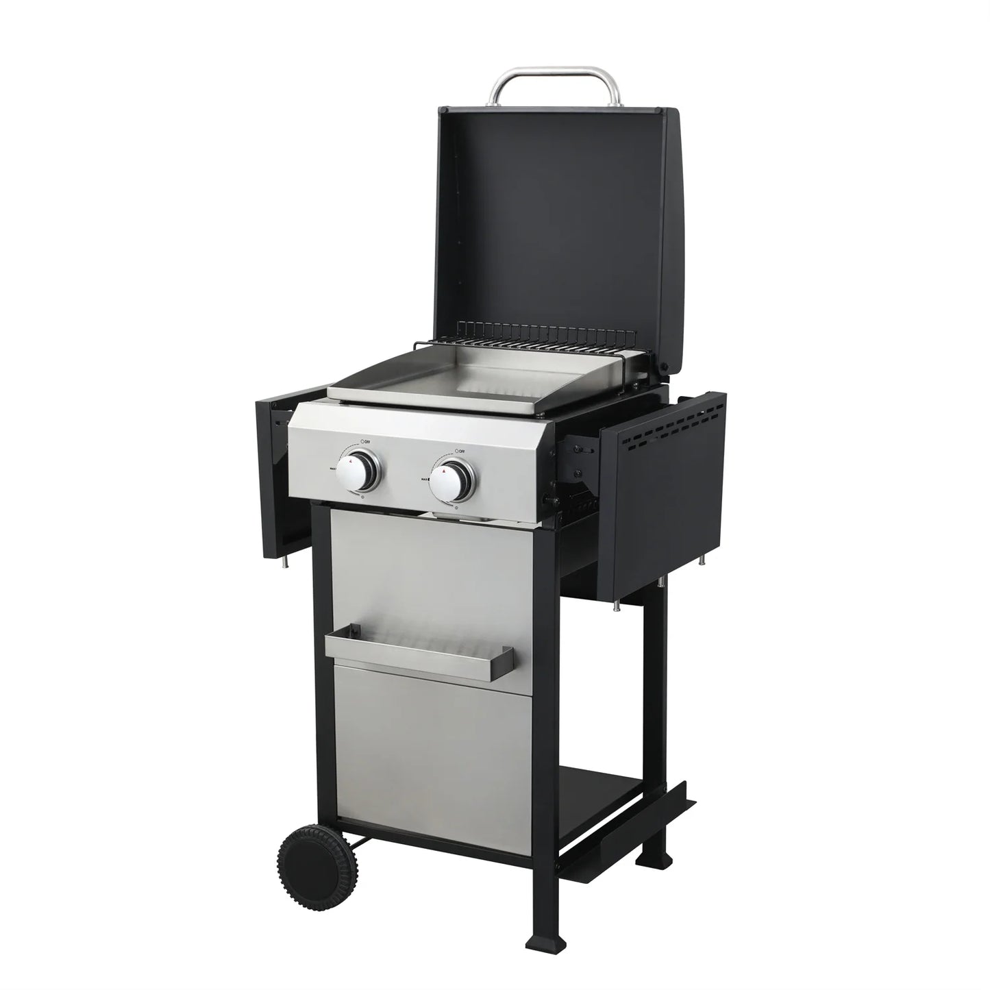 HighSound 2-Burner Propane Gas Grill, 24600 BTU Patio Garden Barbecue Grill with Stainless Steel Tray, Wire Enamel Cooking Grids & Foldable Shelves, Black