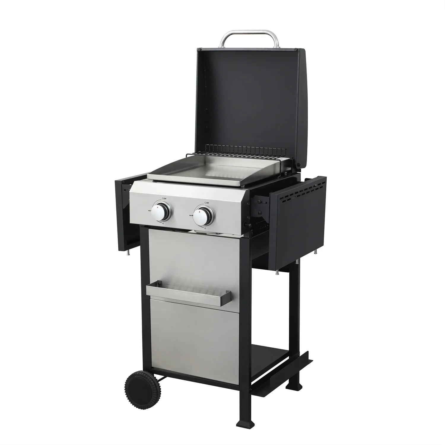 HighSound 2-Burner Propane Gas Grill, 24600 BTU Patio Garden Barbecue Grill with Stainless Steel Tray, Wire Enamel Cooking Grids & Foldable Shelves, Black