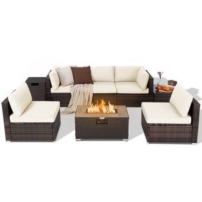 Costway 8PCS Patio Rattan Furniture Set Fire Pit Table Tank Holder Cover Deck Black