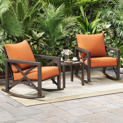 MRUAKA Rocking Chair Bistro Set,3 Piece Outdoor Patio Furniture Set with 2 Rockers and 1 Metal Coffee Table with Thick Cushions for Porch,Backyard,Poolside,Beige