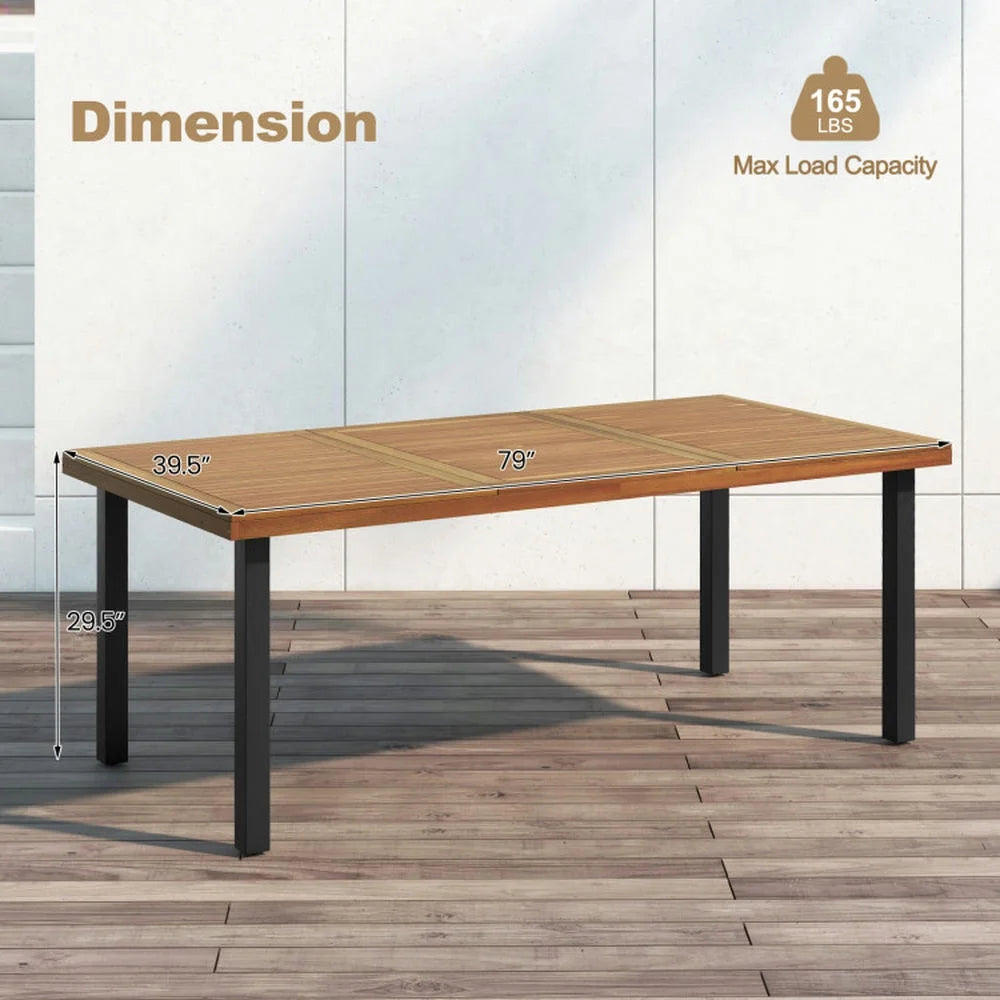 Spaco 8-Person Patio Table with 1.9 Inch Umbrella Hole, 79 Inch Acacia Wood Dining Table with Reinforced Metal Frame and Adjustable Foot Pads, Dining Table for Yard, Garden, Natural
