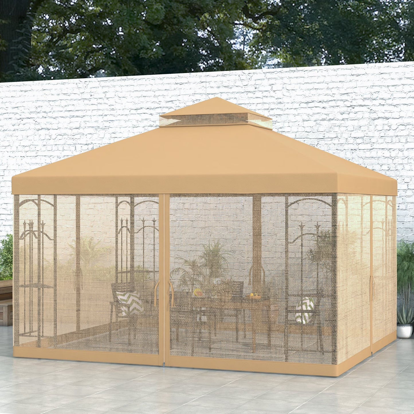 Outsunny 118" x 118" Steel Outdoor Patio Gazebo Canopy with Removable Mesh Curtains, Display Shelves, & Steel Frame, Cream White