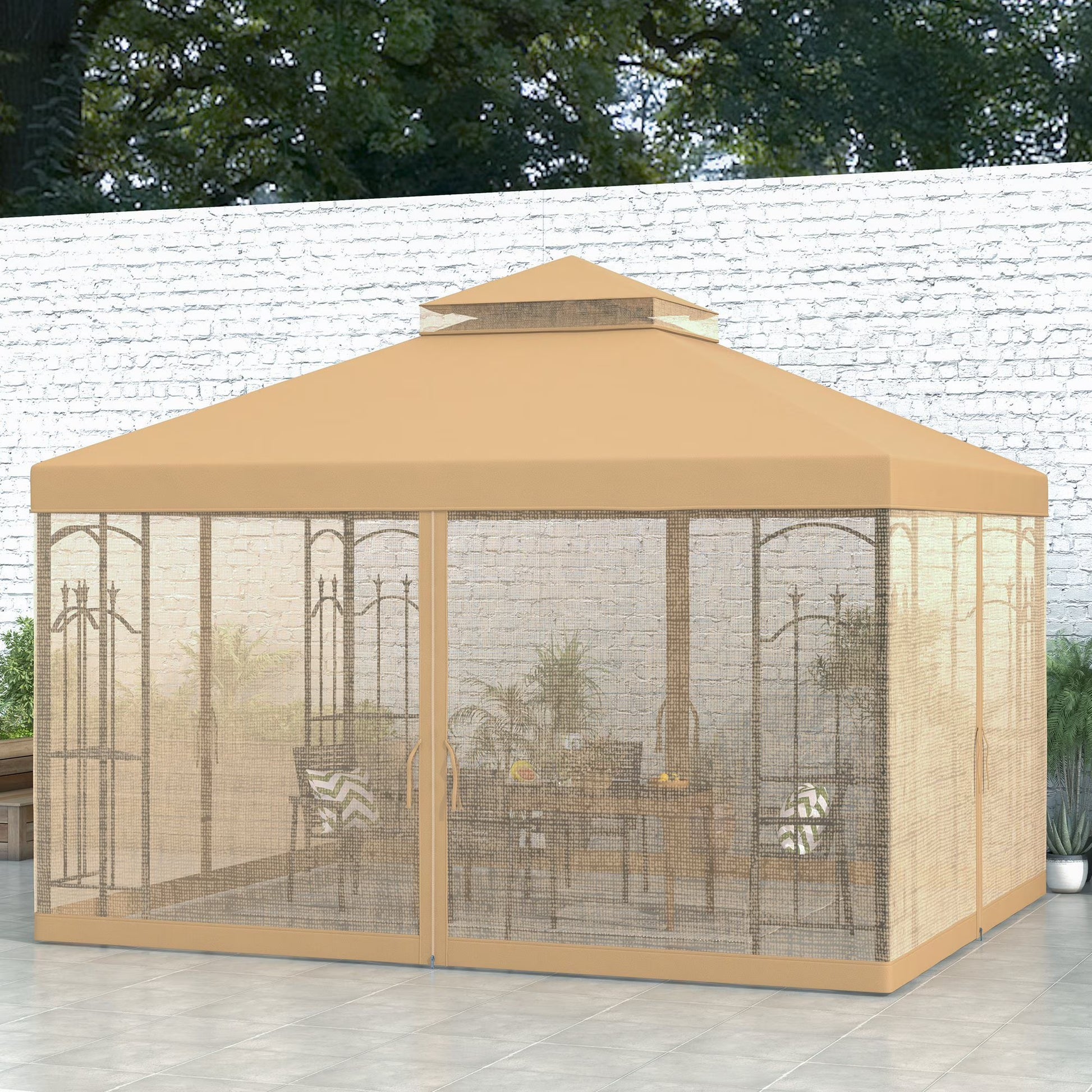 Outsunny 118" x 118" Steel Outdoor Patio Gazebo Canopy with Removable Mesh Curtains, Display Shelves, & Steel Frame, Cream White