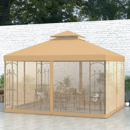 Outsunny 118" x 118" Steel Outdoor Patio Gazebo Canopy with Removable Mesh Curtains, Display Shelves, & Steel Frame, Cream White