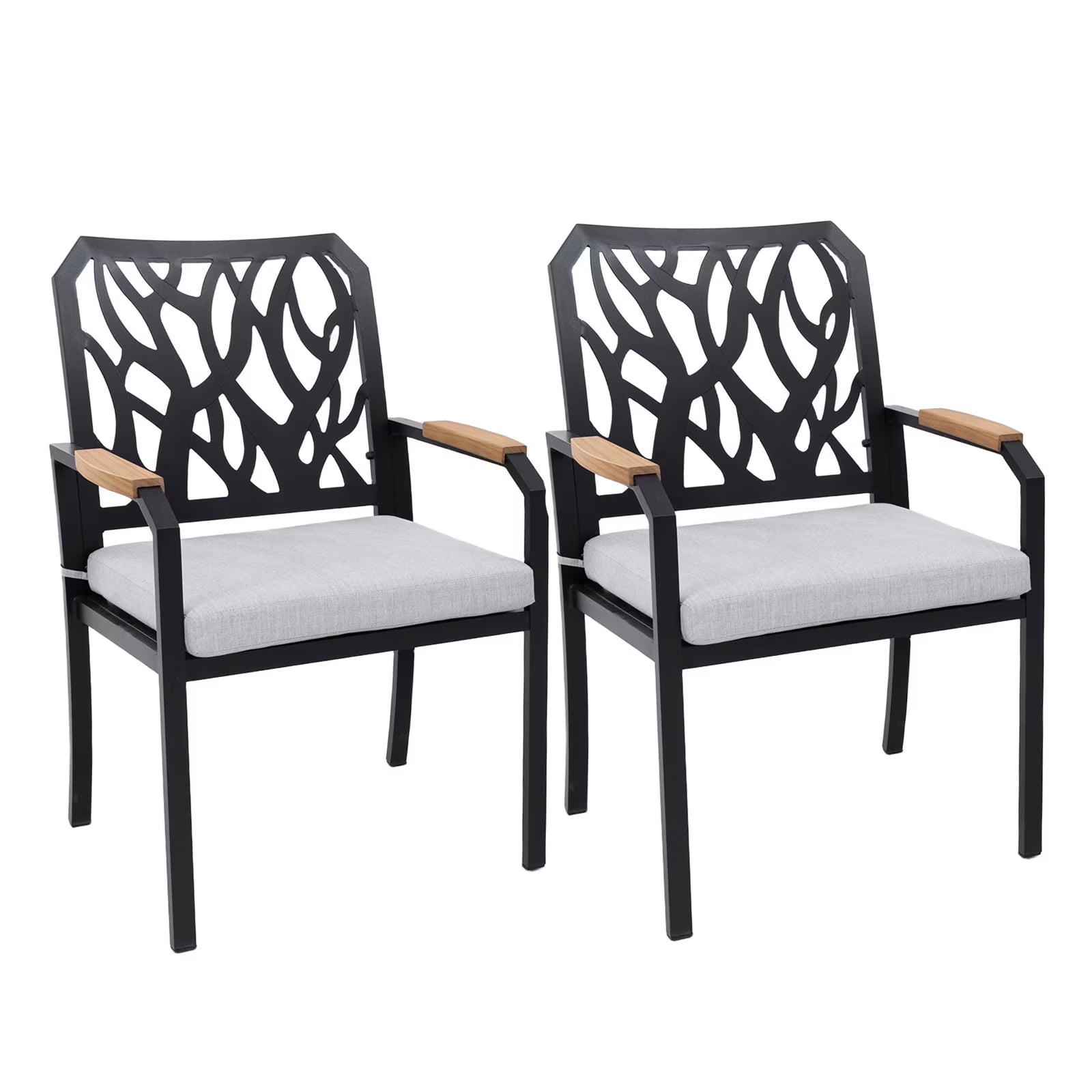 Outdoor Patio K/D Aluminum Stationary Dining Chairs 2PCS with Outdoor-grade Sunbrella Fabric Cushions, Branch-Like Backrest ,FSC-Certified Wood Armrests, Bourbon Brown