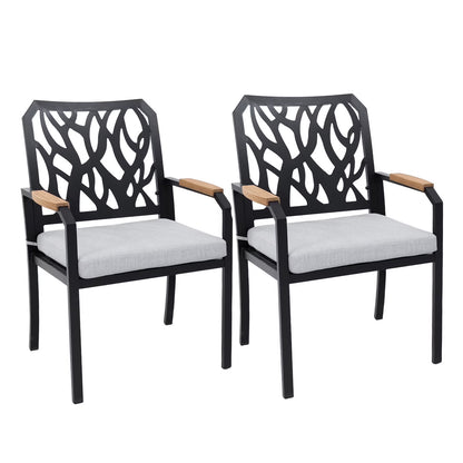 Outdoor Patio K/D Aluminum Stationary Dining Chairs 2PCS with Outdoor-grade Sunbrella Fabric Cushions, Branch-Like Backrest ,FSC-Certified Wood Armrests, Bourbon Brown