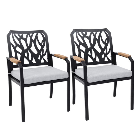 Outdoor Patio K/D Aluminum Stationary Dining Chairs 2PCS with Outdoor-grade Sunbrella Fabric Cushions, Branch-Like Backrest ,FSC-Certified Wood Armrests, Bourbon Brown