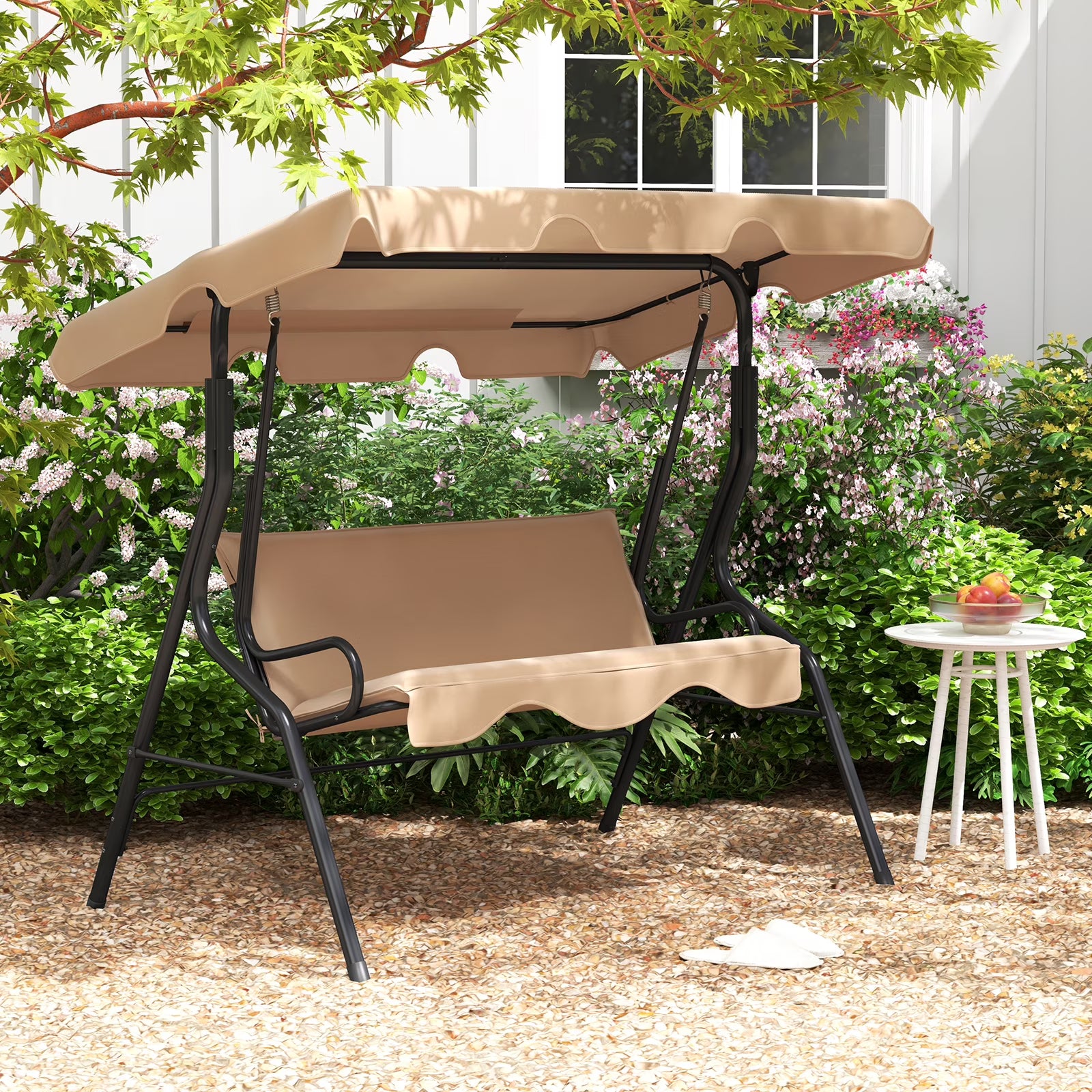 Costway Patio 3 Seats Canopy Porch Swing Glider Hammock Cushioned Steel Frame Outdoor Black