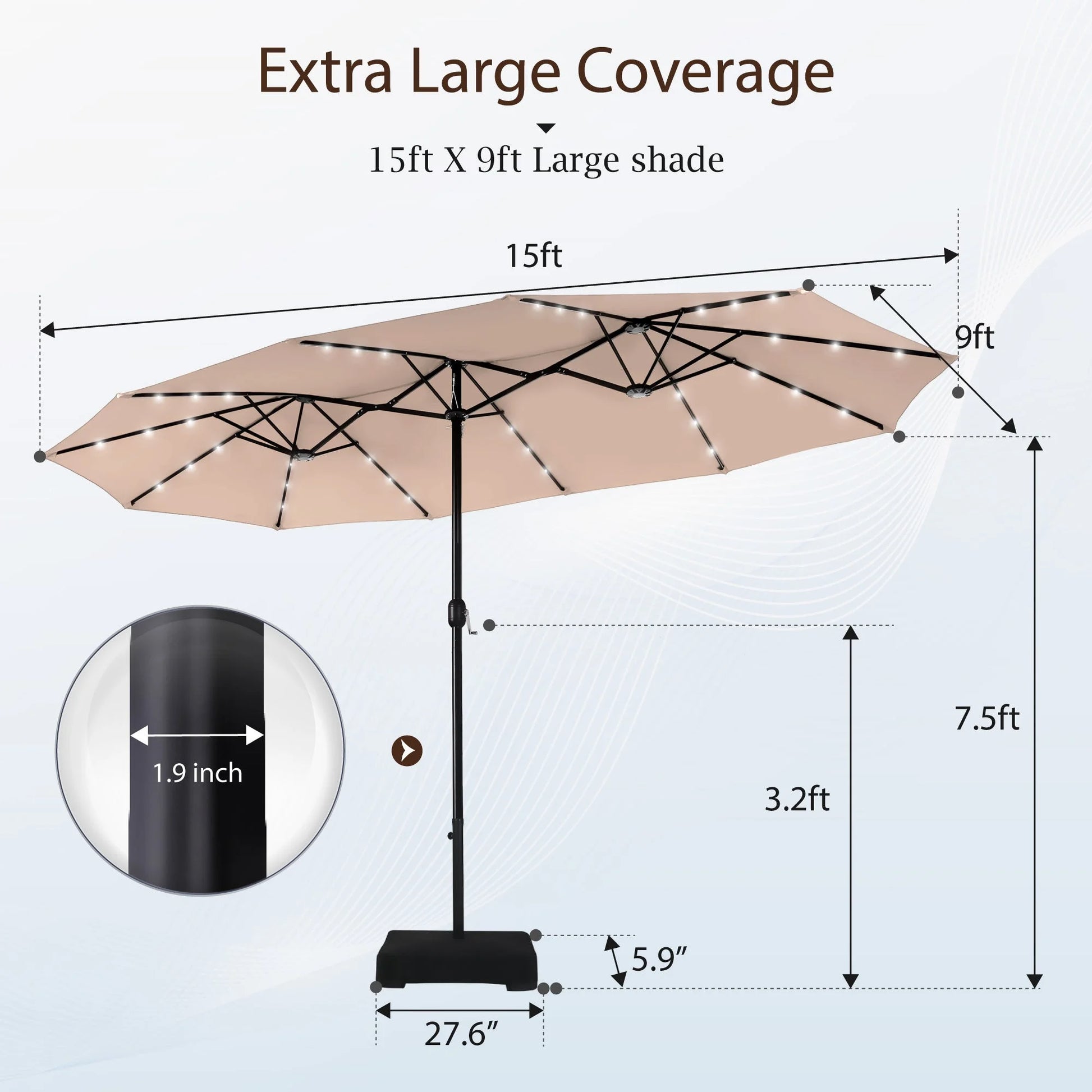 Alpha Joy 15ft Extra Large Outdoor Patio Double-Sided Umbrella with LED Solar Lights & Umbrella Base, Beige